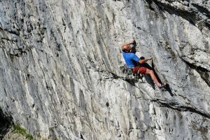Paul Reeve demo'ing the first crux on Cry Freedom (F8c), Malham